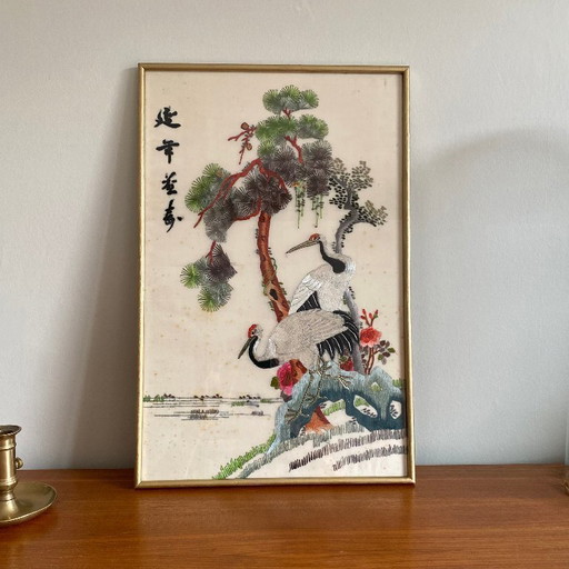 Tableau broderie ancienne asiatique cigogne oiseau vintage