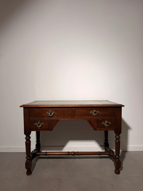 Antique Oak Writing Desk with Green Leather Top and Four Drawers (photo 6 of 6)