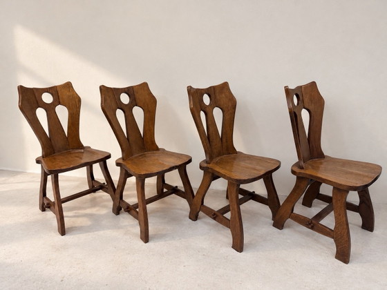 Set di 4 Sedie da Pranzo Vintage Brutaliste in Legno Massello - Design Mid-Century, Marrone (foto 3 di 5)