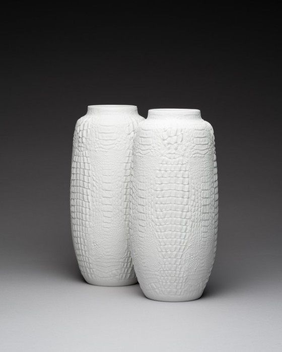 Image 1 of XL Manfred Frey Kaiser Bisque Porcelain Vase Crocodile Reptile Relief Op-Art Duo