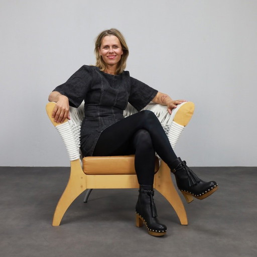 Handcrafted Italian Lounge Chair by Driade in Wood, Rope & Leather, Italy, 1990s