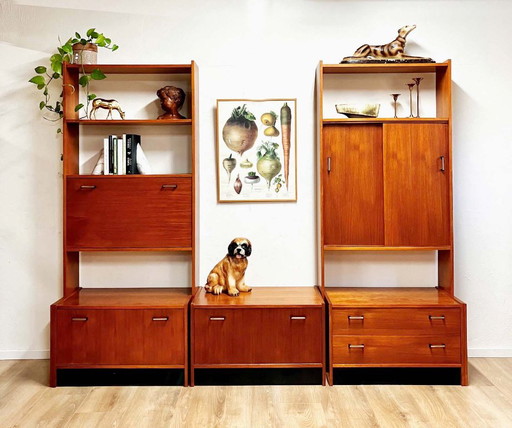 Meuble mural vintage en bois avec bureau/bar. Bibliothèque Mid Century.