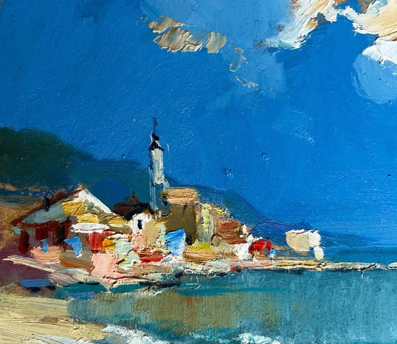 Image 1 of Original Oil Painting Summer Beach Landscape Walking along the sandy shore
