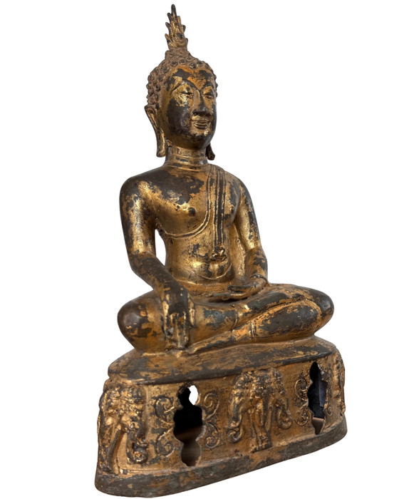 Buddha Lanna del XVIII secolo degno di un museo – Bronzo dorato a fuoco – Base di elefante – 43 cm – Sculture (photo 2 of 9)