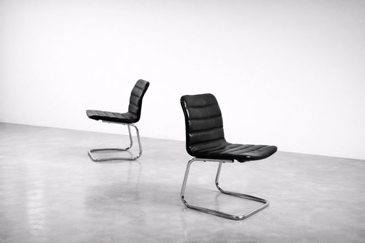 Vintage Mid-Century Minimalist Chrome & Black Leather Club Chairs from POL International, 1960s, Set of 2