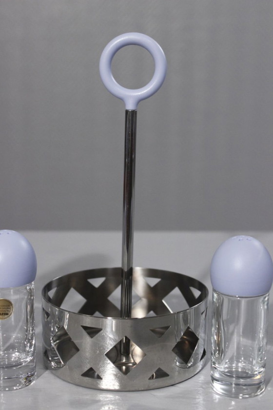 Image 1 of Service à condiments vintage Alessi inox & cristal huilier vinaigrier 1990s