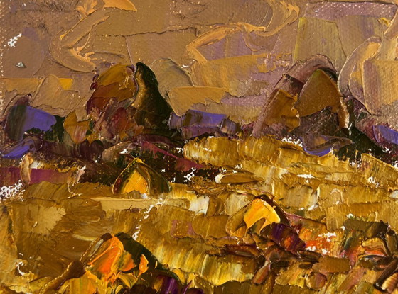 Image 1 of Original Oil Painting Evening Field Landscape A moment between light and darkness