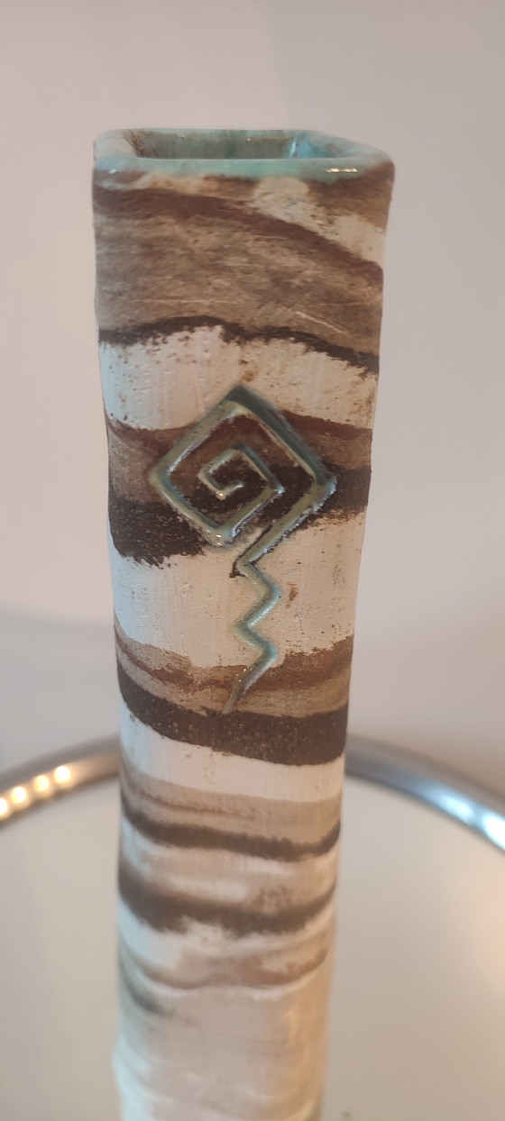 Image 1 of Turned stoneware vase, signed, with relief decoration