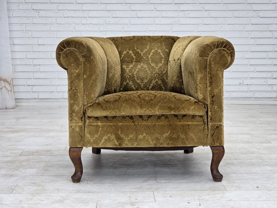 1950s, Danish relax chair, furniture velour, beech wood., Armchairs, Textile, Green (photo 15 of 18)