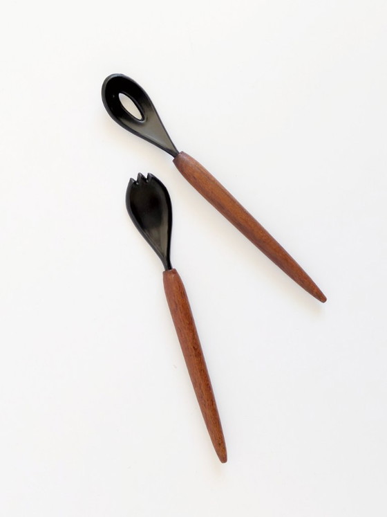 Image 1 of Danish Teak Serving Set, 3 Smoked Glass Bowls Original Spoon and Fork, Midcentury Kabaret Tray