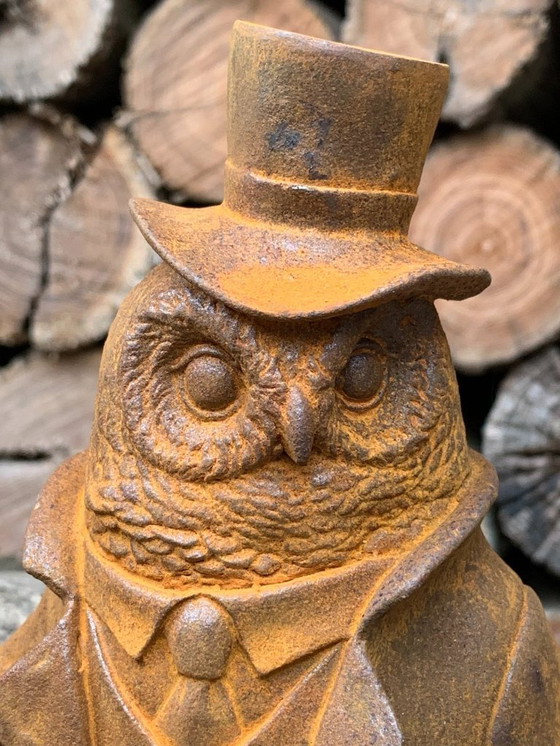Image 1 of Owl in Costume with Walking Stick and Hat Statue Made of Cast Iron