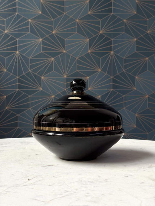 Bombonera grande de vidrio negro, serie "Mimosa" - Boom, Bélgica Art Déco - Vidrio Hyalith -