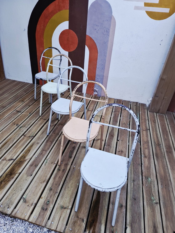 Image 1 of Set di 5 sedie in metallo di René Herbst per Mobilor, 1950