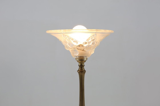 Image 1 of Art Nouveau tafellamp met messing en marmeren voet en glazen kap, jaren 1920