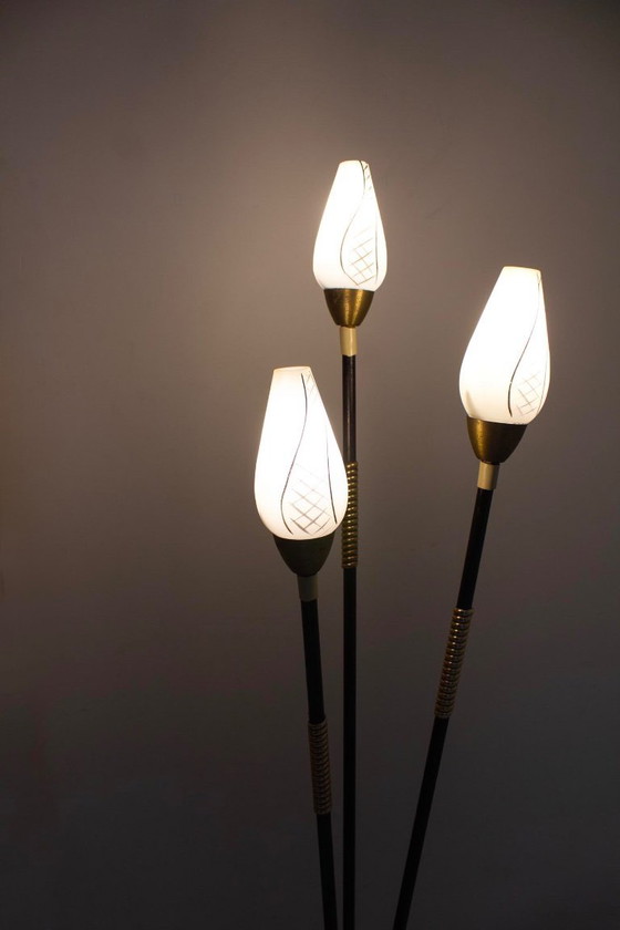 Image 1 of Lampada da terra a treppiede degli anni '50 con vetro opalino dipinto e ottone