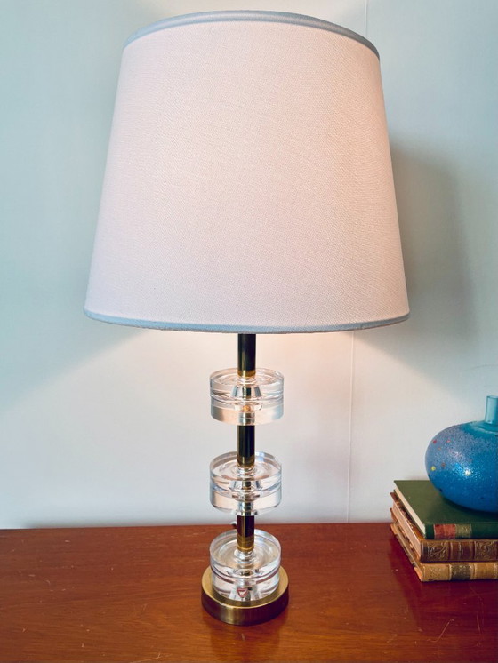 Image 1 of Carl Fagerlund for Orrefors – 6-Ring Crystal & Brass Table Lamp – Swedish Mid-Century Lighting