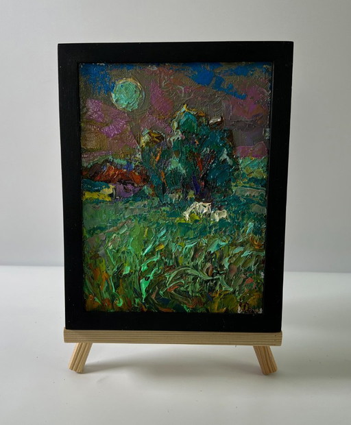 Original Oil Painting Summer Village Landscape The Moon Shines Over The Field – schilderijen tekeningen, Canvas