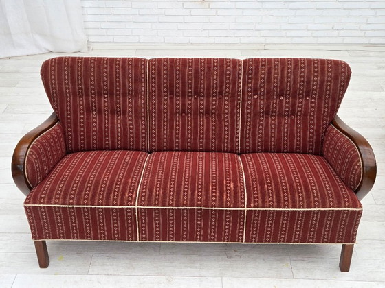 Image 1 of 1960s, Danish 3-seater sofa, red furniture wool, beech wood.