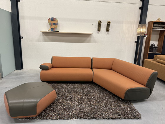 Image 1 of Leolux Guadalupe Corner Sofa with Hocker Tiempo fabric Green leather