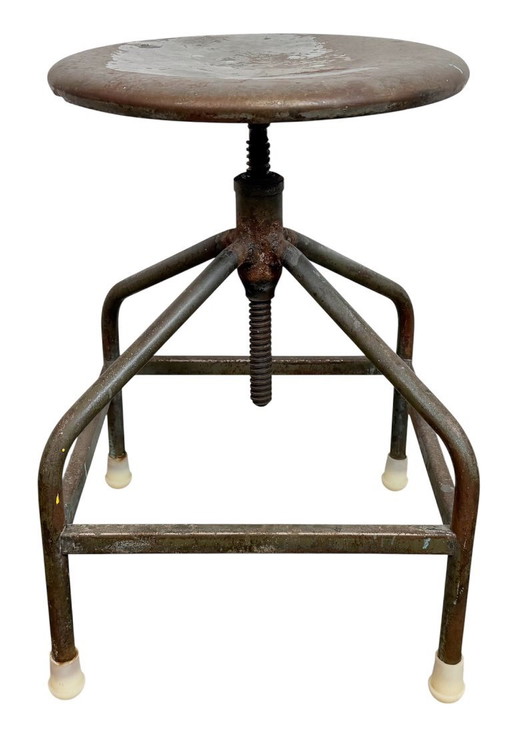 Tabouret pivotant industriel en fer, hauteur réglable, années 1960