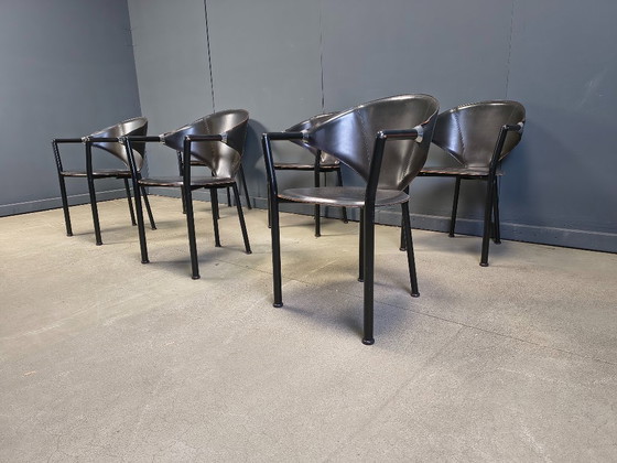 Image 1 of Set aus 6 Leder-Esszimmerstühlen von Segis Italy, 1980er Jahre