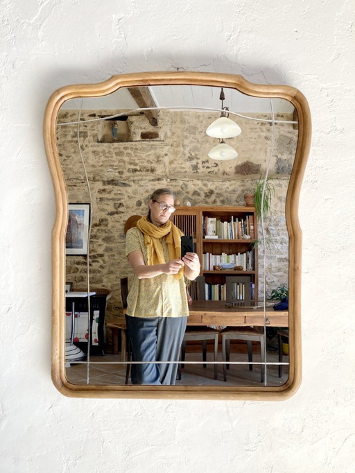 Art Nouveau spiegel, gebogen houten frame en geslepen glas