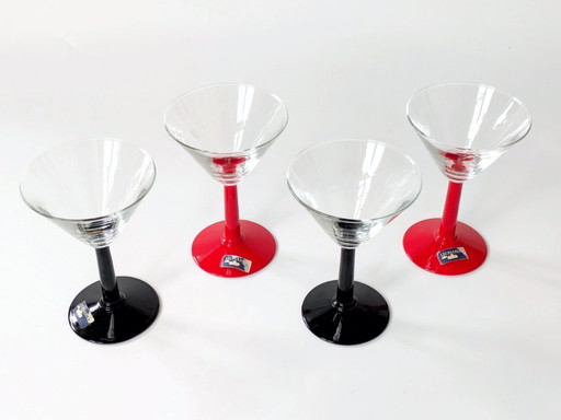 4 Vintage Leonardo Martini-Gläser | Joy-Kollektion aus den 1990er Jahren, rot-schwarze Stiele