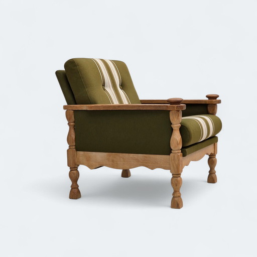 1970 Deense fauteuil, originele staat, meubelwol, massief eikenhout