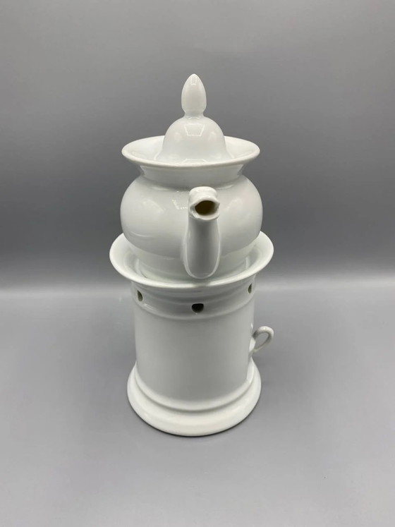 Complete White Porcelain Herbal Tea Set – Teapot, Warmer, and Cup – Circa – Crockery (photo 3 of 6)