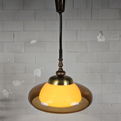 Vintage in hoogte verstelbare hanglamp amber kunststof (Rise and fall hanging light / adjustable) space age (60/70s) design