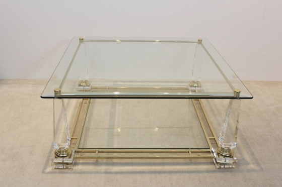 Lucite, Messing en Glas Obelisk Salontafel, Koffietafelboeken, Hollywood Regency (foto 5 van 10)