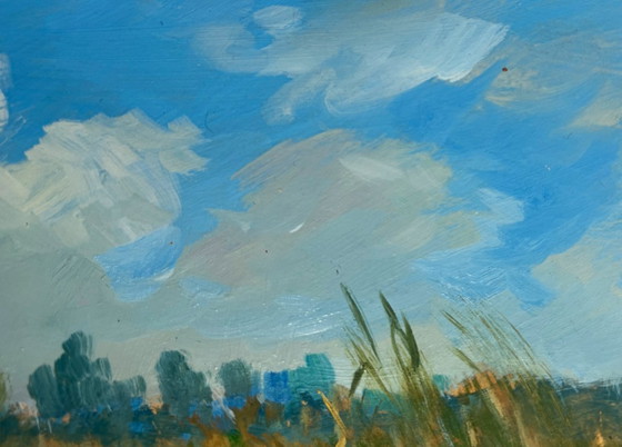 Image 1 of Dipinto ad olio originale Paesaggio estivo con fiume Tempo estivo nuvoloso