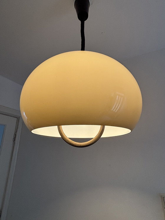 Image 1 of Vintage Brown/Beige Plexiglass 70's Pendant Lamp with Pull Pendant and Wooden Handle