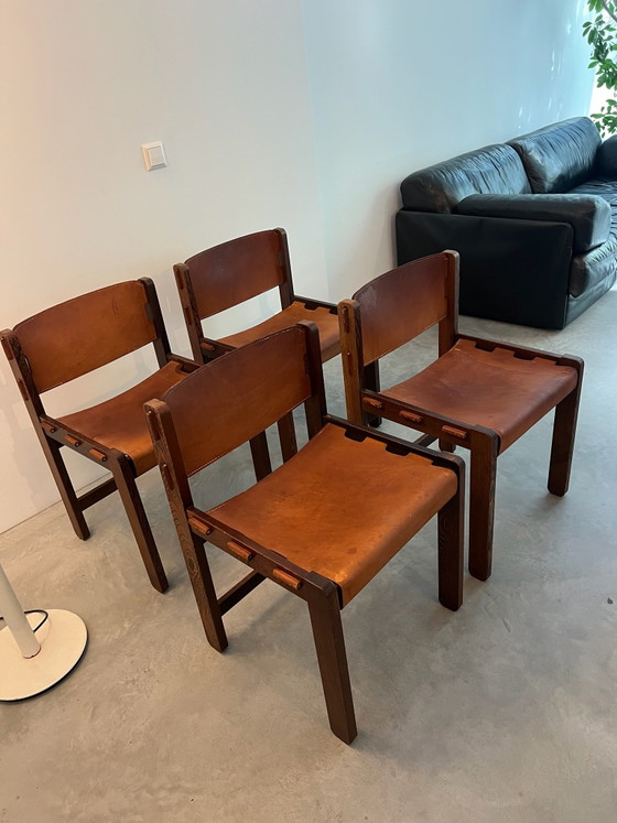 Set van 4 vintage brutalist eetkamerstoelen – Hout, Leer (photo 6 of 9)