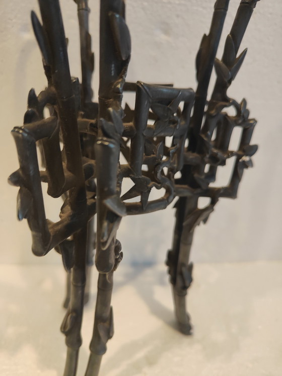 Image 1 of Jarrón Christofle de estilo japonés, monoflore de bambú en vidrio craquelado y "bambú" de bronce plateado.