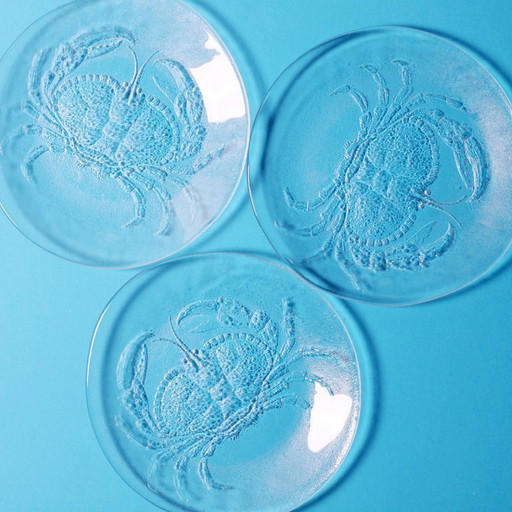 Set of 3 Vintage Kosta Boda Glass Dinner Plates / Marina Crab Design Sweden / 1970s