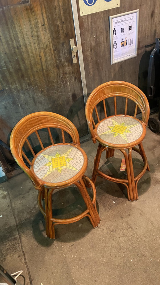 Image 1 of 2x Vintage Swivel Bamboo Barstools