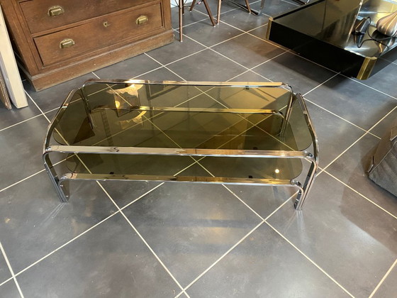 Image 1 of Table basse double plateau verre chrome style Bauhaus vintage 1970
