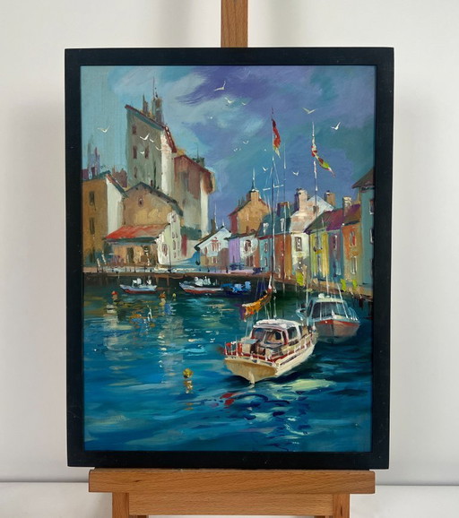 Original Oil Painting Summer City Landscape Yachts on the water streets of Venice