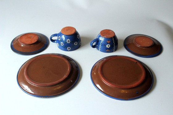 Image 1 of 2 Kaffeegedecke Keramik dunkelblau handgetöpfert handbemalt