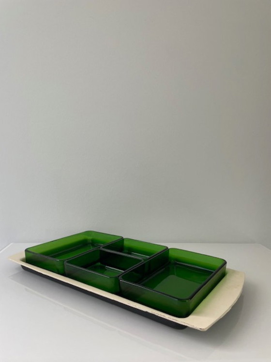 Image 1 of Vintage serving bowl with bright green glass trays - 1960s retro design