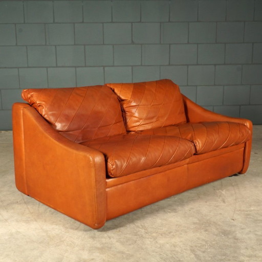 Divano vintage danese patchwork in pelle color cognac, anni '70