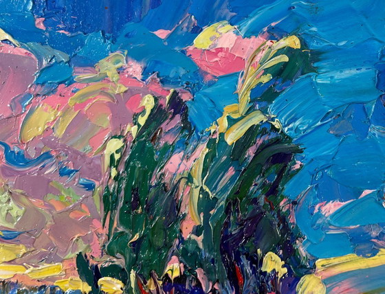 Image 1 of Original Oil Painting Evening Summer Landscape The whisper of the breeze in the fields