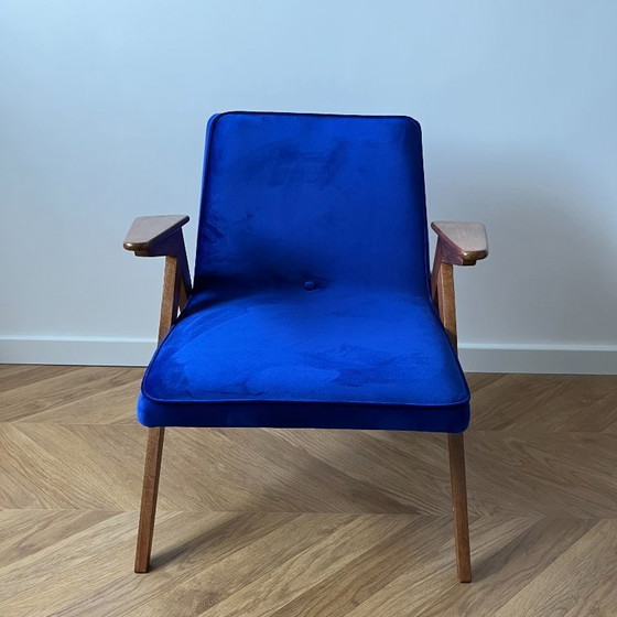 Image 1 of Mid Century Modern Blue Velvet Armchair Restored, Vintage Chierowski Lounge Chair, Polish Wooden Frame Accent Chair