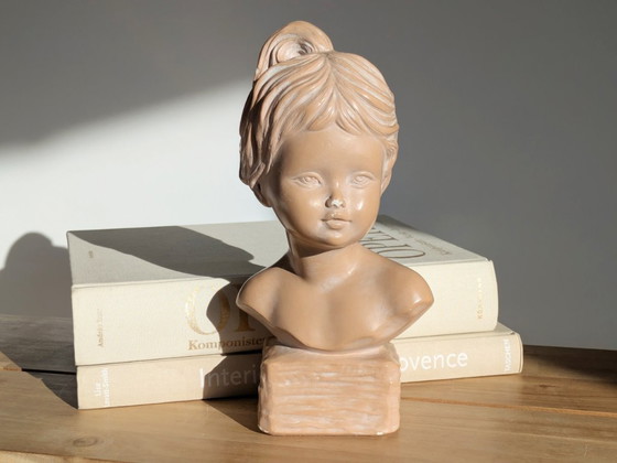 Image 1 of Vintage Young Girl Bust on Pedestal, After Salvatore Melani, Glazed Plaster Terracotta Patina, Signed