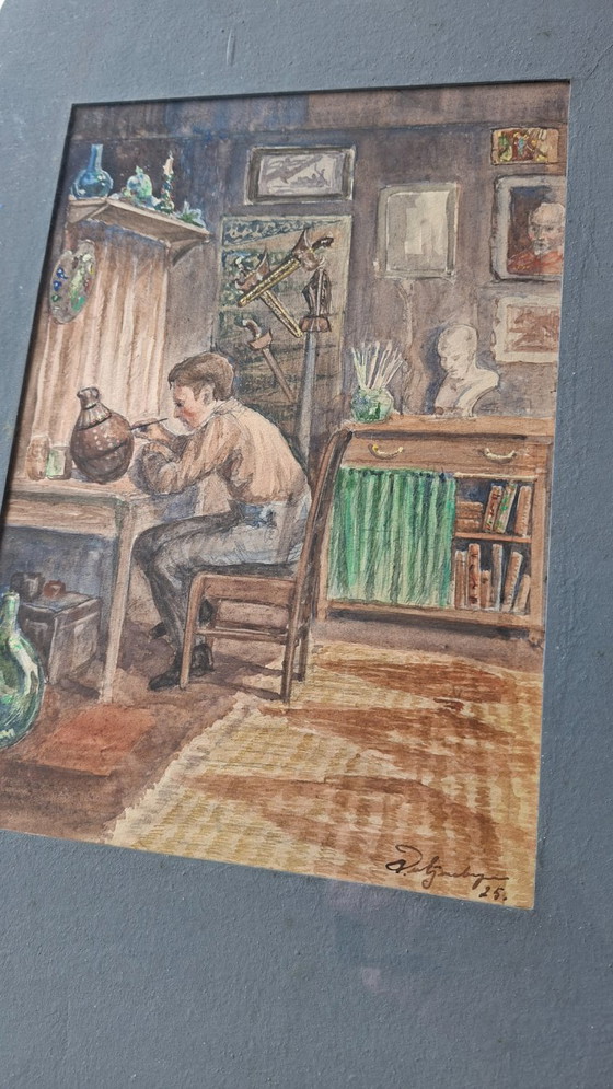 Image 1 of Antiek Interieur – De Plateelschilder (1925) – Gesigneerd & Gedateerd