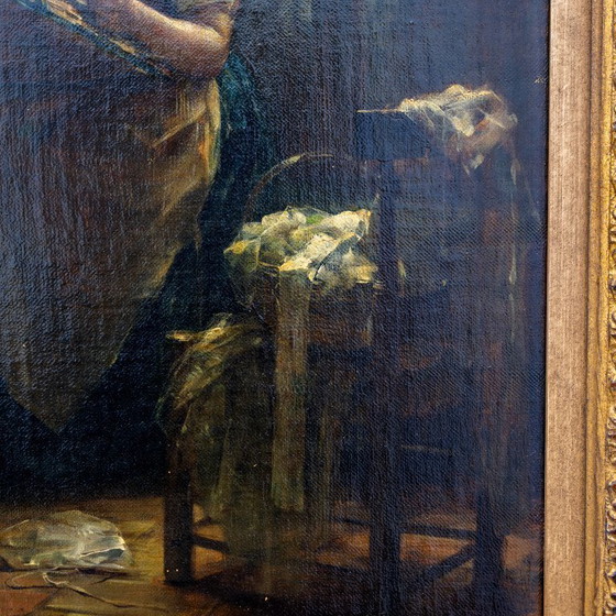 Image 1 of Edward Portielje "La lettre", peinture à l'huile flamande du 19e siècle représentant deux dames