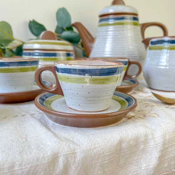 Servizio da caffè vintage in gres maculato grigio anni '50 con strisce verdi e blu - Tazze da caffè vintage (photo 6 of 14)