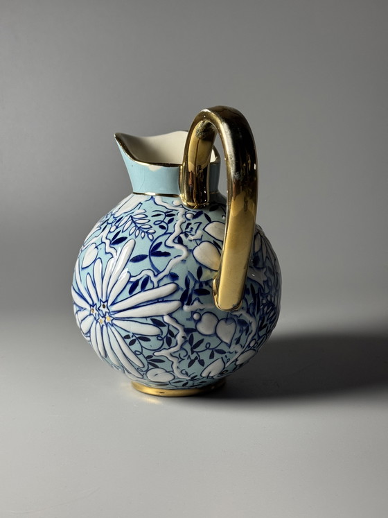 Image 1 of Boch Frères Keramis Art Deco Floral Pitcher by Raymond Chevalier, Belgium, 1930s