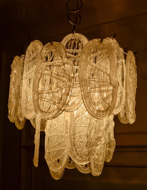 Vintage Kroonluchter van helder Murano glas met bladeren, chromen Italiaanse hanglamp, jaren 70 (photo 8 of 10)